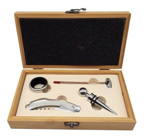 Set  Vino Caja Madera Sacacorchos Termómetro Cortagota Tapon 3