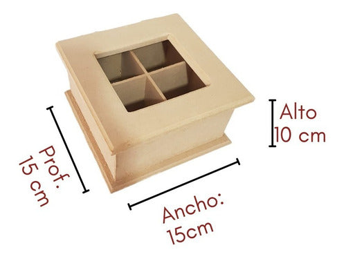 Caja De Té Caja 4 Divisiones Tapa Con Vidrio En Fibrofacil 1