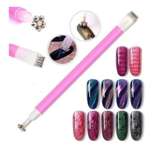 Magnetic Double-Ended Cat Eye Gel Nail Pen with Flower and Stripes Design 0