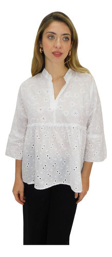 Xantus Woman Blusa Camisola Broderie Style India Talle Grande Blanca 3/4 0