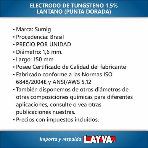 Sumig Tungsten Electrode 1.5% Lanthanum Gold 1.6 mm 1