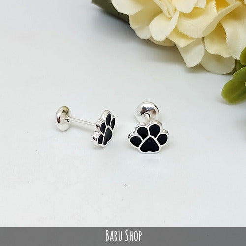 925 Silver Stud Earrings with Black Enamel Paw Design 2