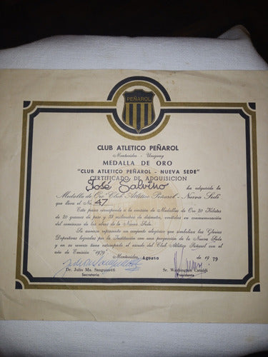 Antiguo Certificado De Medalla De Oro De Peñarol Futbol 0