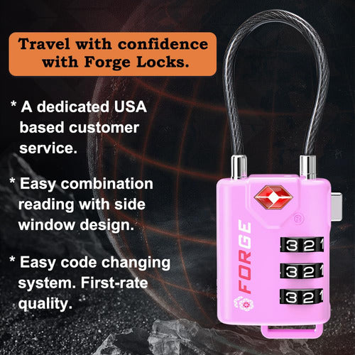 Forge TSA Approved Cable Luggage Locks, 2 Pink Locks, Re-settable Combination With Alloy Body 1