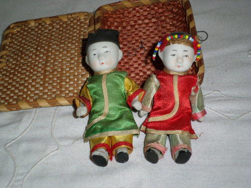 Antiguas Muñecas Pareja Japoneses Porcelana En Canasta Orig. 1