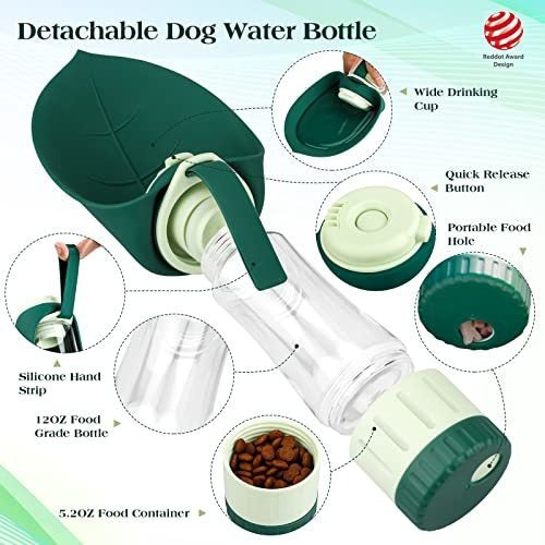 TIOVERY Upgraded Dog Water Bottle, Portable Dog Cat Puppy Pet Water Dispenser Feeder With Drinking Cup And Food Container Leak Proof For Outdoor Walking, Travel, Hiking 12oz 1