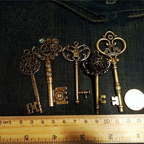 Bouti1583 Vintage Skeleton Keys Charm Set - Royal Key in Antique Bronze Pack of 12 Keys, 12 Different Styles, No Repeat 1