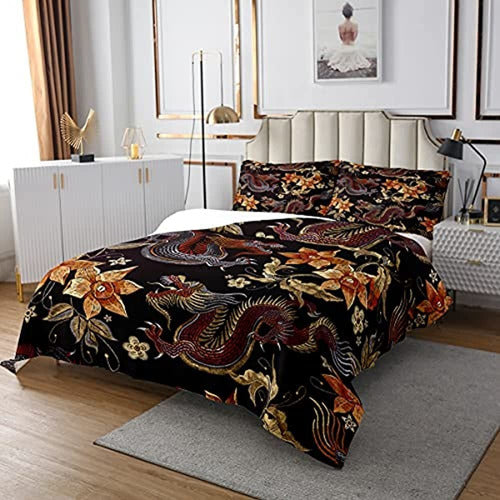 Feelyou Boys Dragon Colcha Golden Exotic Floral Coverlet Par 0