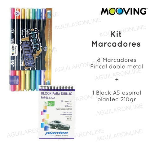 Mooving Kit 8 Double-Tip Metallic Brush Markers + Plantec Block 1