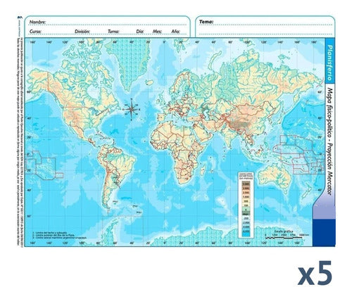 5 Mapas Escolares Planisferio  N°5 División Físico Político 2