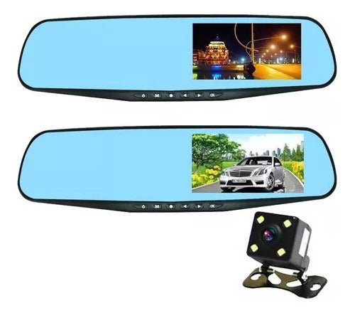 Espejo Retrovisor Auto Doble Cámara Frontal + Reversa Fullhd 0