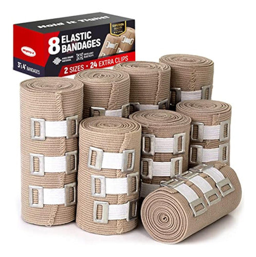 High-Quality Elastic Bandage Set of 8 (4 x 3 Inches, 4 x 4 Inches) + 24 Additional Clips 0