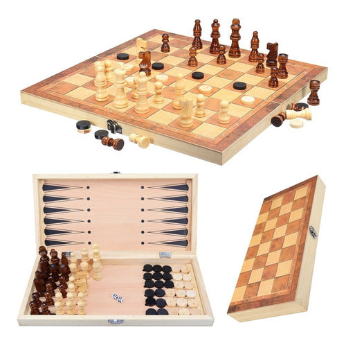 3-in-1 Wooden Chess + Checkers + Backgammon Game Set by Tissus 0