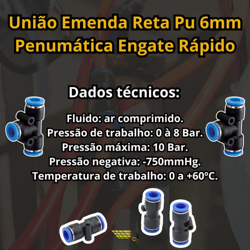 Kit 10 Uniões Emenda Tee 6mm - Pneumática 2