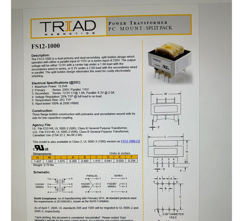 Transformador 12va P/impreso 115v/230v - 12.6v(1a)/6.3v (2a) 1