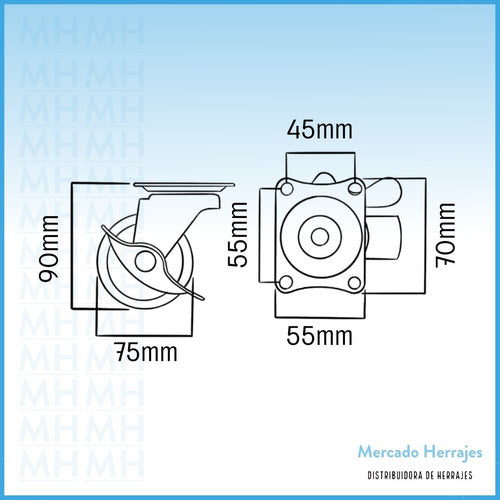 Mercado Herrajes Swivel Base Wheel With Brake 75mm x 4 Units Ideal For Furniture 1