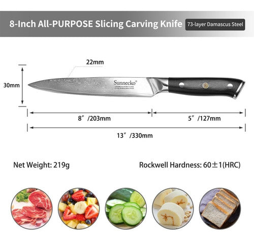 Cuchillo Cocina Silicing Acero Damasco Japonés 8'' 203mm 1