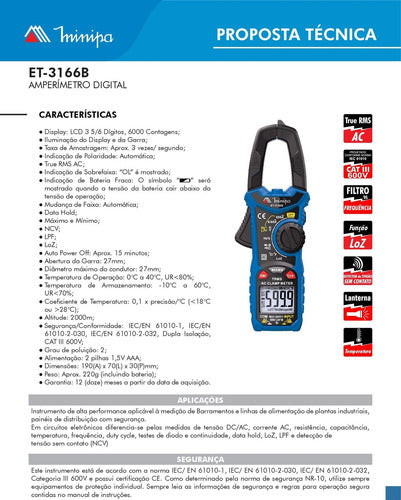 Alicate Amperimetro Digital Cat Iii 600v Minipa Et-3166b 5