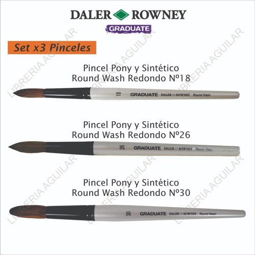 Set of 3 Daler Rowney Graduate Pony and Synthetic Brushes - Round Wash 1