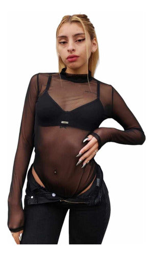 Black Long Sleeve Sheer Microtulle Bodysuit Top 0