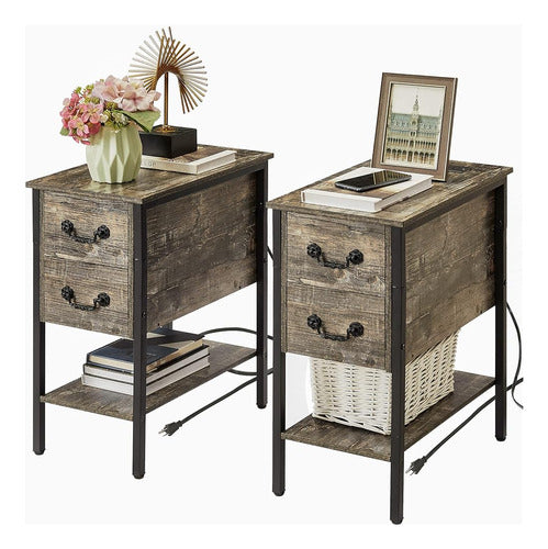 Vecelo Narrow End Tables Set of 2 with USB Charging Station 0