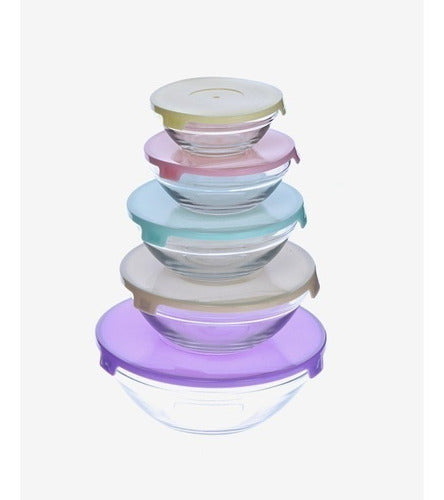 Carol Set 5 Bowls Vidrio Con Tapa Plastica Colores Pastel 0