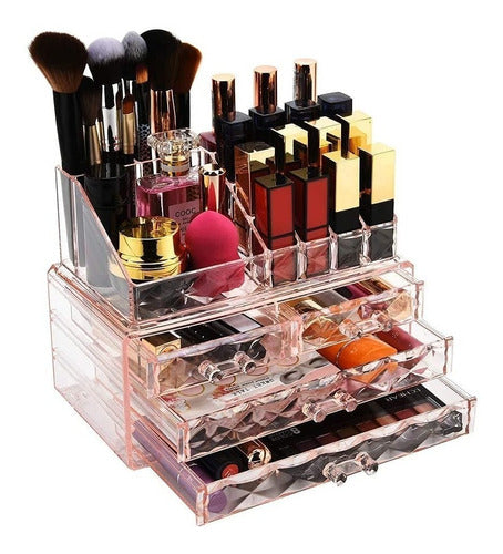 Organizador Rosa Maquillaje Acrílico Diamante 4 Caj + 16 Div 0