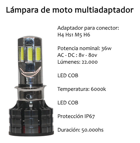 LED Motorcycle Lamp 12V 36W 22000 Lumens H4 HS1 H6 M5 Multi-Adapter 4