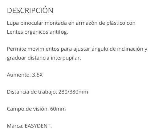 Lupa 3.5x 280-380mm Armazón Resina Dy102 Easydent 1