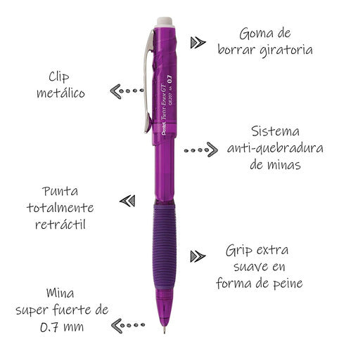 Pentel Twist-Erase GT 0.7mm Mechanical Pencils Violet Transparent, Box of 12 (QE207V) 1