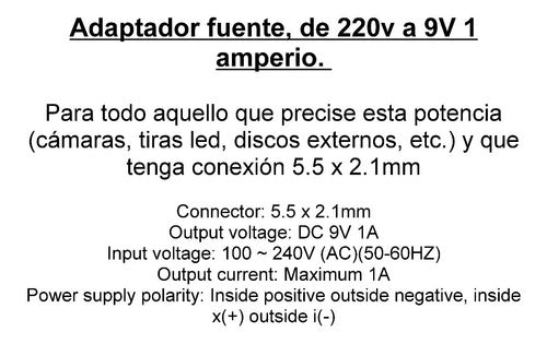 Genérica Adaptador Transformador Fuente 220V A 9V 1A 5.5mm Emn 1