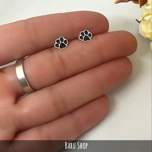 925 Silver Stud Earrings with Black Enamel Paw Design 4