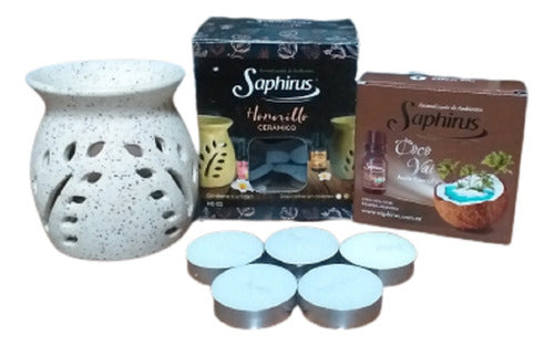 Saphirus Small Ceramic Burner + 5 Saphirus Candles + 1 Saphirus Essential Oil 1