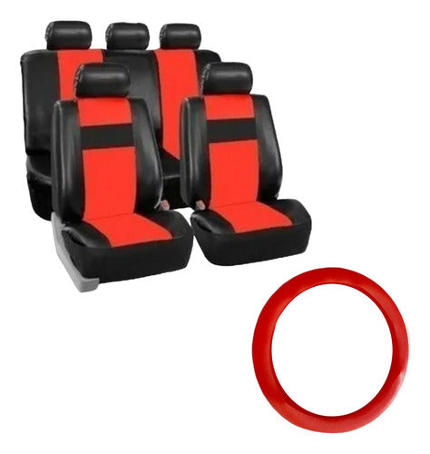 Red Faux Leather Car Seat Cover Set with Red Silicone Steering Wheel Cover for Clio and Corsa 0