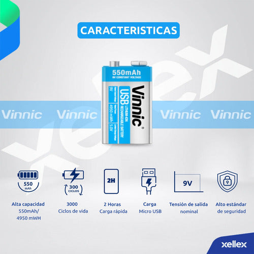 Vinnic Rechargeable 9V Lithium-Ion Battery USB 550mAh 4950mWh 3