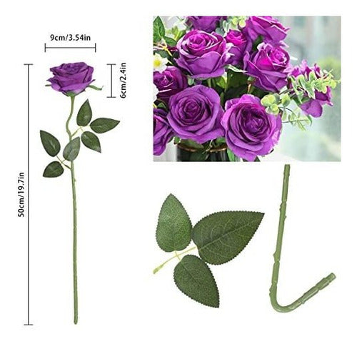 Justoyou 10pcs Realistic Artificial Roses with Long Stem Violet 1