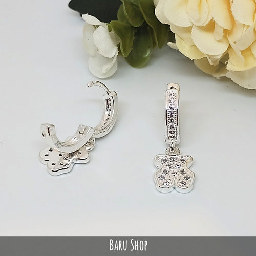 Barú White Steel Hoop Earrings with Bear Pendant and Cubics 2