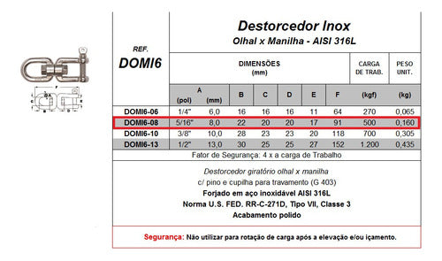 Destorcedor Forj. Aço Inox O X M -  08mm - 5/16 - 0,50 T 1