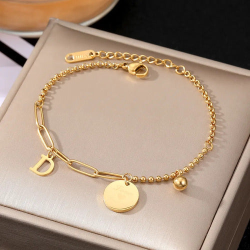 Burdah Elegant Golden Bracelet Initial Medallion D 1