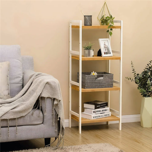 Bamboo White 4-Shelf Wooden Bookshelf 1