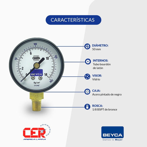 Manómetro Beyca Mm1-34/14 14 Kg 50mm Rosca 1/8 Inferior 1
