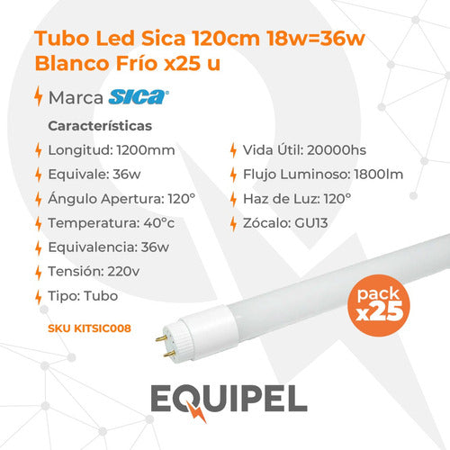 SICA LED Tube 120cm 18W=36W Cool/Neutral Pack of 25 1