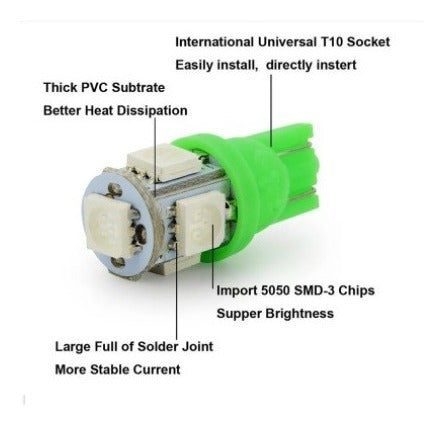 Pack De 4 Lámparas T10  Con 5 Led Smd 5050 Verde 2