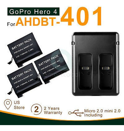 GoPro 3 X Battery + Dual USB Charger LED for Hero4 AHDBT-401 1