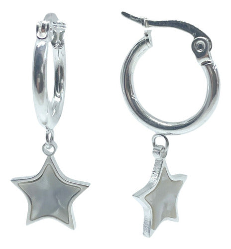 Wadaba White Steel Hoop Earrings with Star Pendant Simulating Mother of Pearl 0