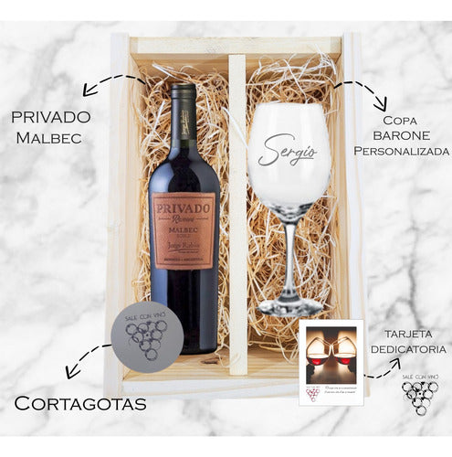 Regalo Box Madera Vino Privado + 1 Copa Vidrio + Grabado 1