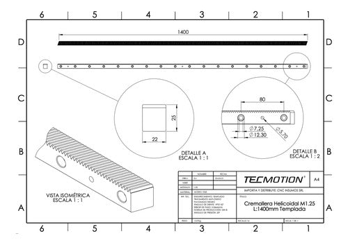 TecMotion Cremallera Helicoidal M1.25 1400mm Pantografo Router Cnc 1