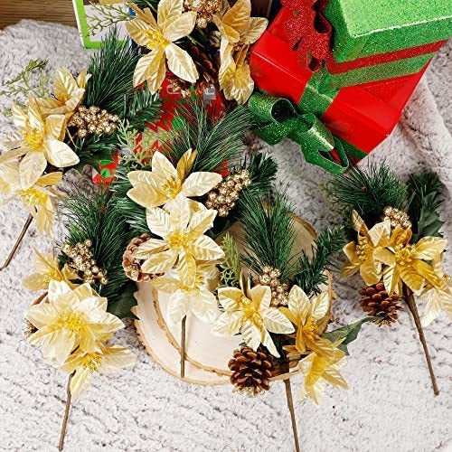 Dr.Dudu Elegant Faux Evergreen Sprigs - Gold & Silver Flower Ornaments (6 Pcs) 5