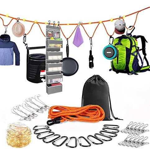 Campsite Storage Strap with 28 Buckle Pins and 6m LED Light for Camping Organizer 0