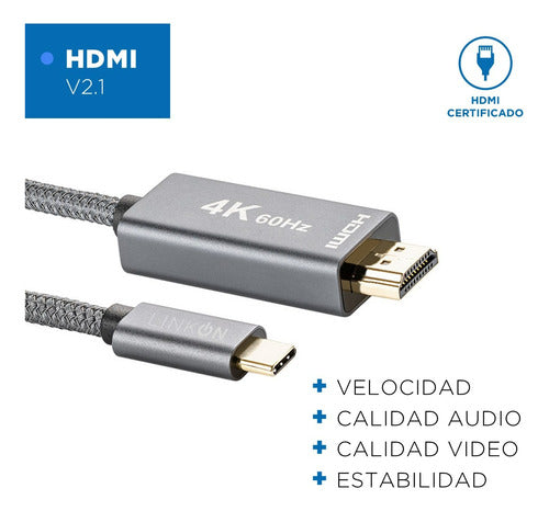 LinkOn Cable Adaptador USB C a HDMI V2.1 4K 60Hz Trenzado Oro 2mt 1